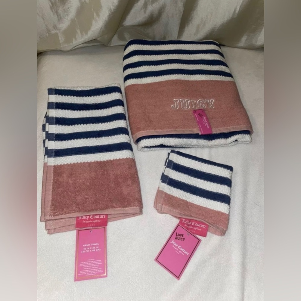 🎉HP🎉New! Juicy Couture Pink/Navy Striped Logo Bath Towel 3 Piece Set🤍🎀 - Picture 6 of 10